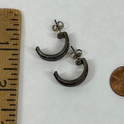 Vintage Red, White, & Blue Rhinestone C Hoop Earrings 925 Sterling