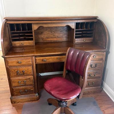 Vintage Solid Wood Roll Top Desk & Chair~Read Details