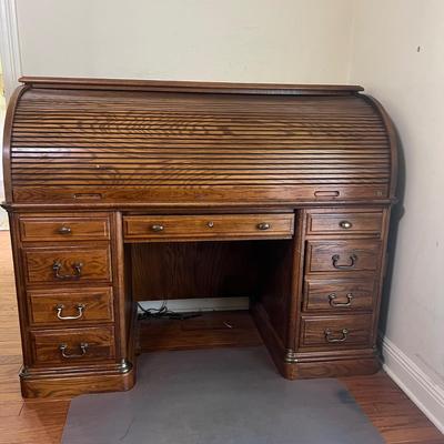 Vintage Solid Wood Roll Top Desk & Chair~Read Details