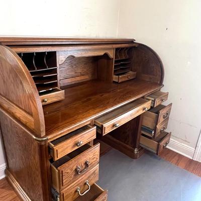 Vintage Solid Wood Roll Top Desk & Chair~Read Details