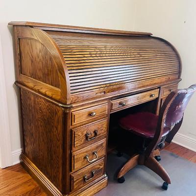 Vintage Solid Wood Roll Top Desk & Chair~Read Details