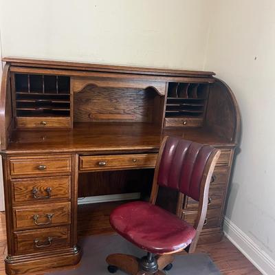 Vintage Solid Wood Roll Top Desk & Chair~Read Details