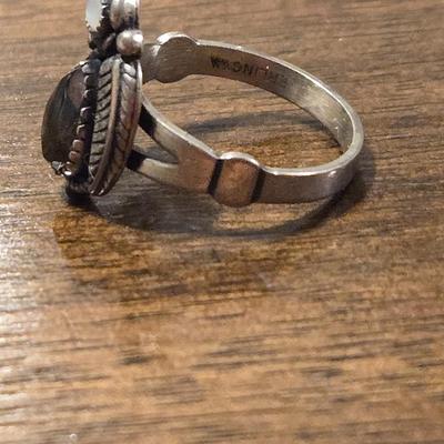 Vintage Native American Ring Sterling Silver, Hematite, and Mother of Pearl Ring