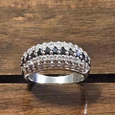 Sterling Silver Cubic Zirconia and Black Gemstone Ring