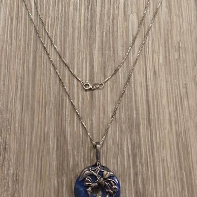 Sterling Silver and Lapis Lazuli Necklace with Flowers & Hummingbird