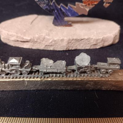 SMALL PEWTER TRAIN MOUNTED ON A RAILROAD TIE AND A SW DECORATIVE PIECE