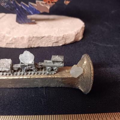 SMALL PEWTER TRAIN MOUNTED ON A RAILROAD TIE AND A SW DECORATIVE PIECE