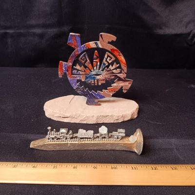 SMALL PEWTER TRAIN MOUNTED ON A RAILROAD TIE AND A SW DECORATIVE PIECE