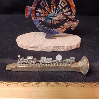 SMALL PEWTER TRAIN MOUNTED ON A RAILROAD TIE AND A SW DECORATIVE PIECE