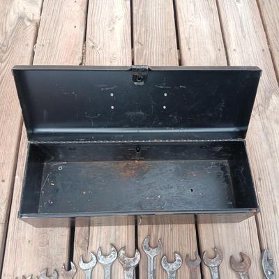 METAL TOOL BOX WITH VINTAGE AND ANTIQUE COMBINATION WRENCHES