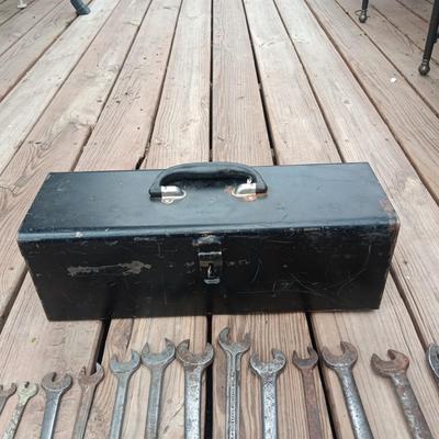 METAL TOOL BOX WITH VINTAGE AND ANTIQUE COMBINATION WRENCHES