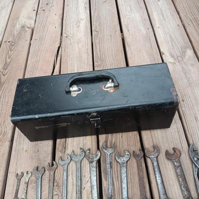 METAL TOOL BOX WITH VINTAGE AND ANTIQUE COMBINATION WRENCHES