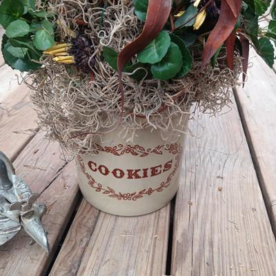CROCK COOKIE JAR W/FAUX FOLIAGE, CHERRY STONER AND A SAD IRON