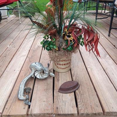 CROCK COOKIE JAR W/FAUX FOLIAGE, CHERRY STONER AND A SAD IRON
