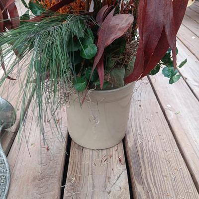 CROCK COOKIE JAR W/FAUX FOLIAGE, CHERRY STONER AND A SAD IRON
