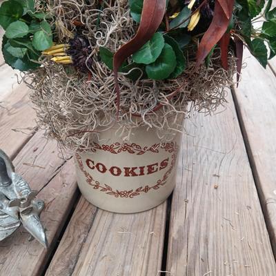 CROCK COOKIE JAR W/FAUX FOLIAGE, CHERRY STONER AND A SAD IRON