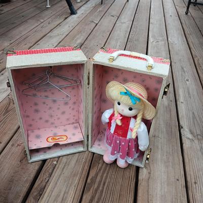 WIND UP MUSICAL DOLL, CARRY CASE, WOODEN DOLL CRADLE AND DOG FLASHLIGHT