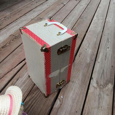 WIND UP MUSICAL DOLL, CARRY CASE, WOODEN DOLL CRADLE AND DOG FLASHLIGHT