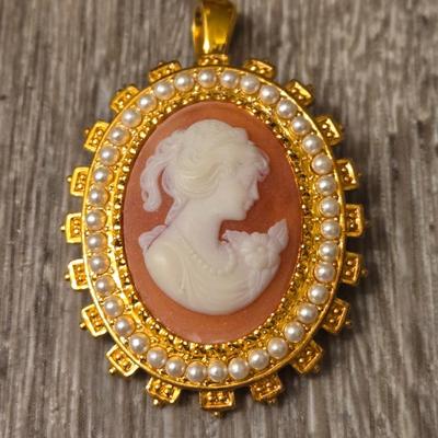 (2) Cameo Pendant Brooches and Cross Pendant