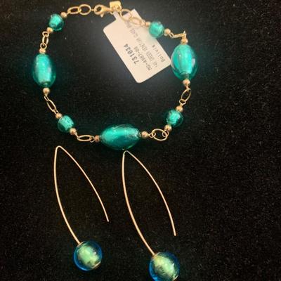 14k Yellow Gold Green Venetian Glass Bolivian Bracelet & Earrings