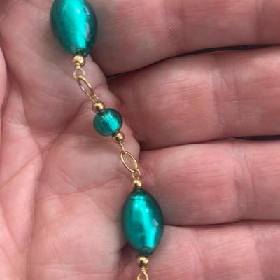 14k Yellow Gold Green Venetian Glass Bolivian Bracelet & Earrings