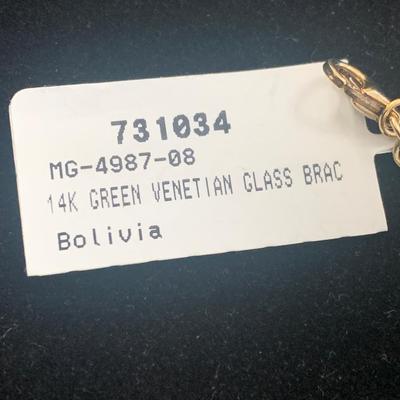 14k Yellow Gold Green Venetian Glass Bolivian Bracelet & Earrings