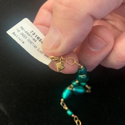 14k Yellow Gold Green Venetian Glass Bolivian Bracelet & Earrings