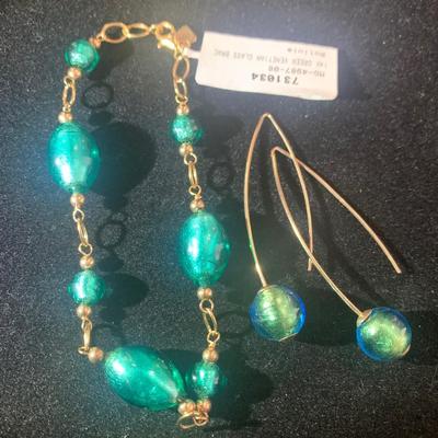 14k Yellow Gold Green Venetian Glass Bolivian Bracelet & Earrings