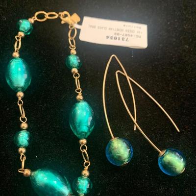 14k Yellow Gold Green Venetian Glass Bolivian Bracelet & Earrings