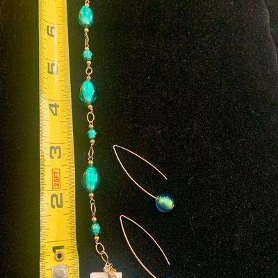 14k Yellow Gold Green Venetian Glass Bolivian Bracelet & Earrings