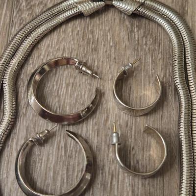 Silver Necklace & (2) Sets of Hoops