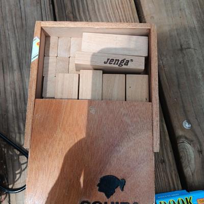 BINGO BALLS IN CAGE W/PLAYING CARD, JENGA AND SOME CARD GAMES