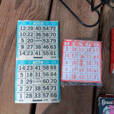 BINGO BALLS IN CAGE W/PLAYING CARD, JENGA AND SOME CARD GAMES