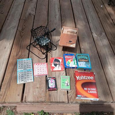 BINGO BALLS IN CAGE W/PLAYING CARD, JENGA AND SOME CARD GAMES