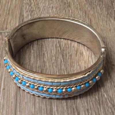 Silver Tone and Turquoise Hinged Cuff Bracelets
