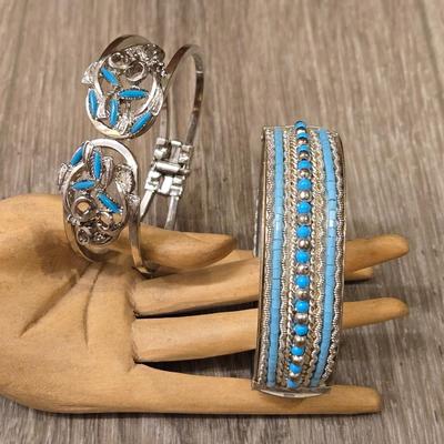Silver Tone and Turquoise Hinged Cuff Bracelets