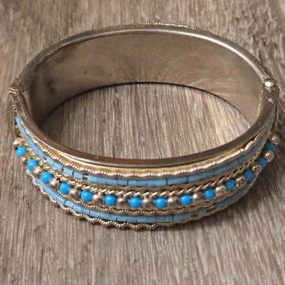 Silver Tone and Turquoise Hinged Cuff Bracelets