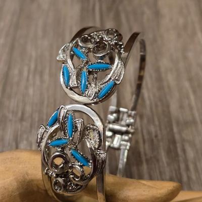 Silver Tone and Turquoise Hinged Cuff Bracelets
