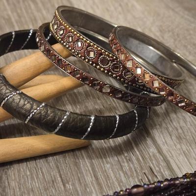 (3) Bangles and Garnet Bead Necklace