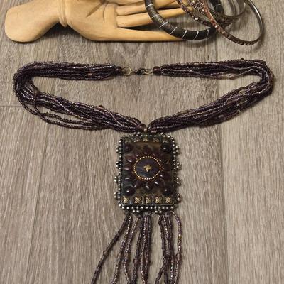 (3) Bangles and Garnet Bead Necklace