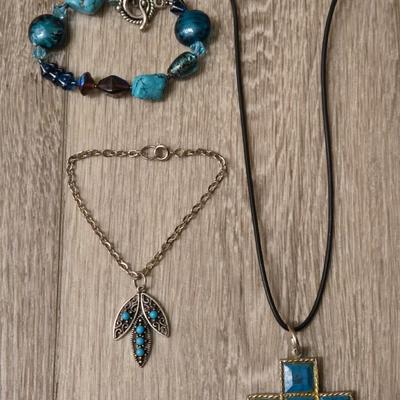 Turquoise Color Cross Necklace and (2) Bracelets