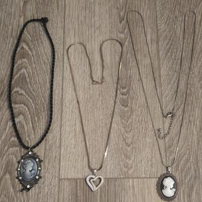 (3) Fashion Necklaces- (2) Cameo and (1) Heart Pendants