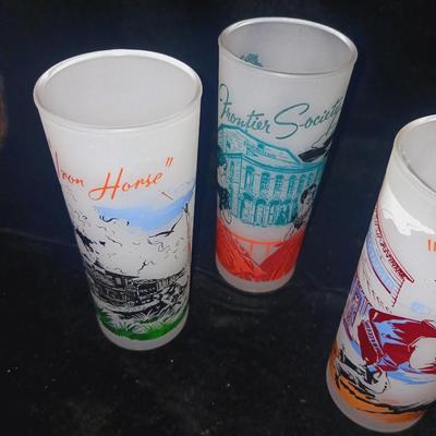 8 FROSTED GLASSES WITH WESTERN THEME AND 6 SIPPING SPOONS