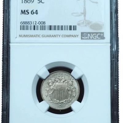 1869 Shield Nickel MS64 NGC BEAUTIFUL