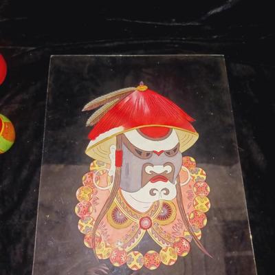CUT CHINESE PAPER ART AND 2 WOODEN FIGURES