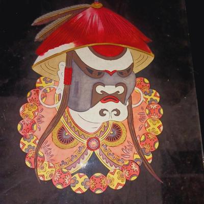 CUT CHINESE PAPER ART AND 2 WOODEN FIGURES