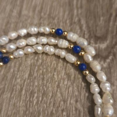 Real Pearl, Lapis and Gold Bead Necklace or Bracelet