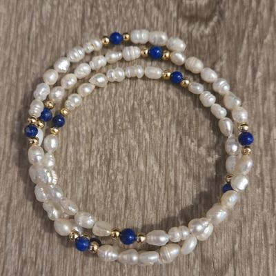 Real Pearl, Lapis and Gold Bead Necklace or Bracelet