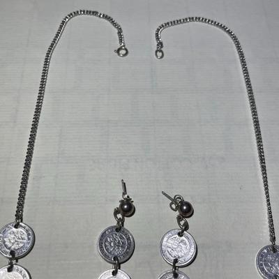 Vintage Netherlands Sterling Silver Necklace 22" Long & Earrings w/Aluminum Coins in Good Preowned Condition.