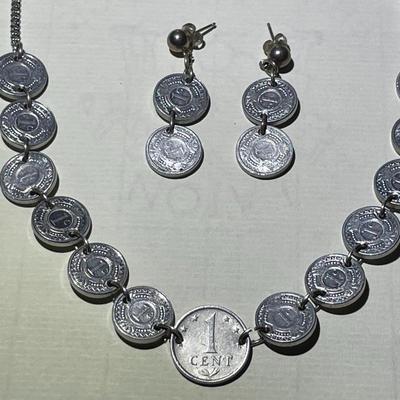 Vintage Netherlands Sterling Silver Necklace 22" Long & Earrings w/Aluminum Coins in Good Preowned Condition.